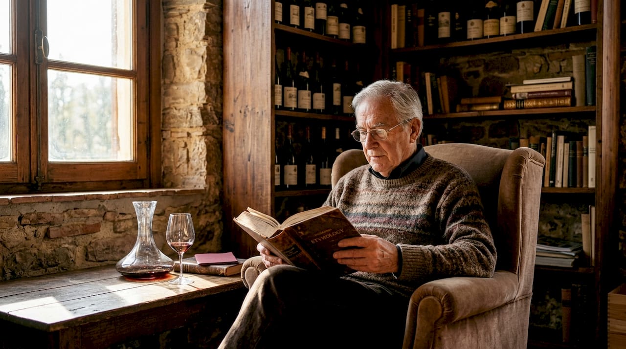 Elderly man reading wine term origin book in library