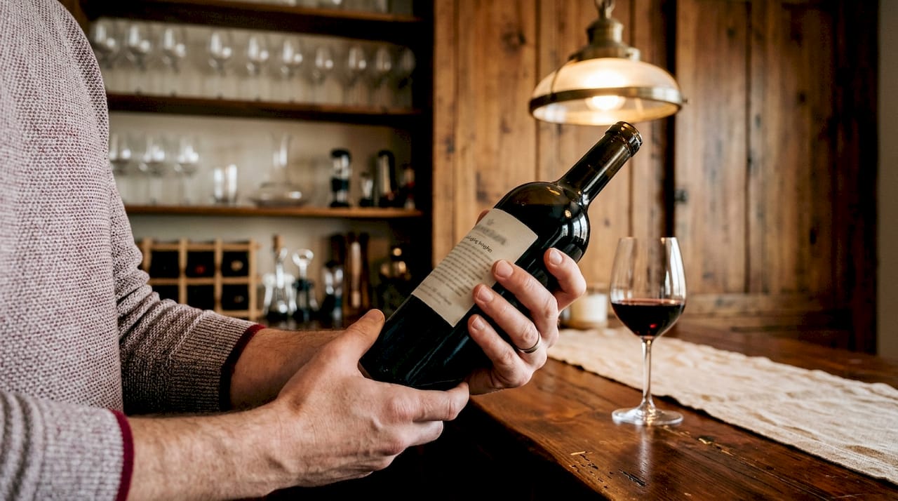 Hands holding wine bottle with oak aging label