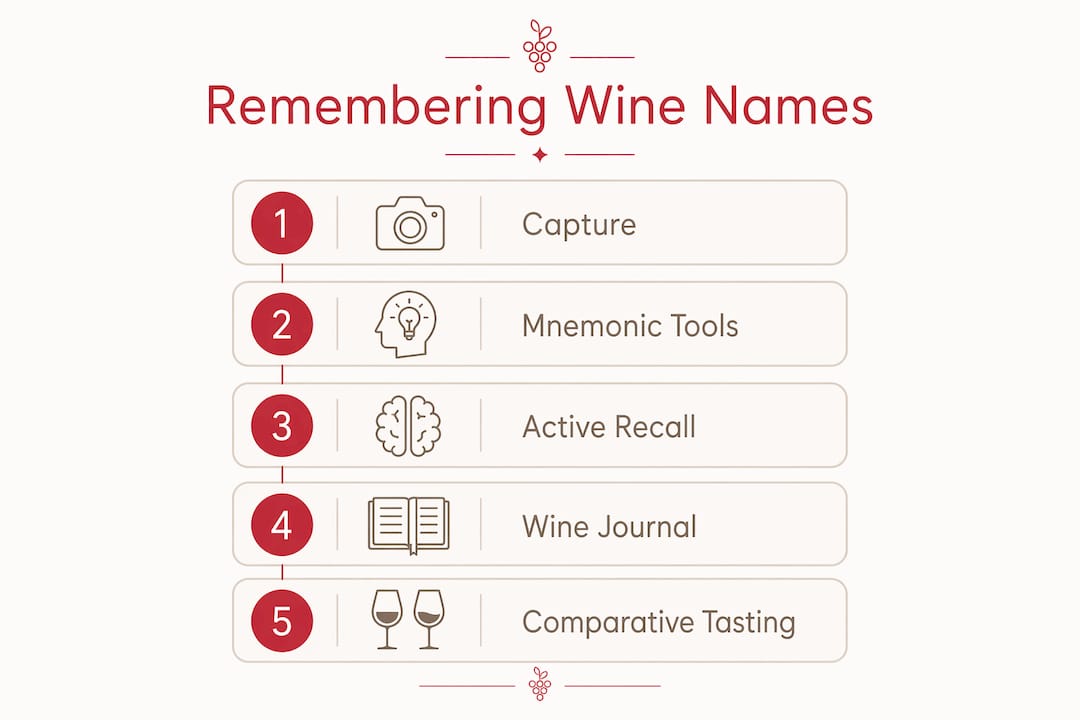 How to Remember Wine Names Easily in 2026 Infographic showing steps to remember wine names