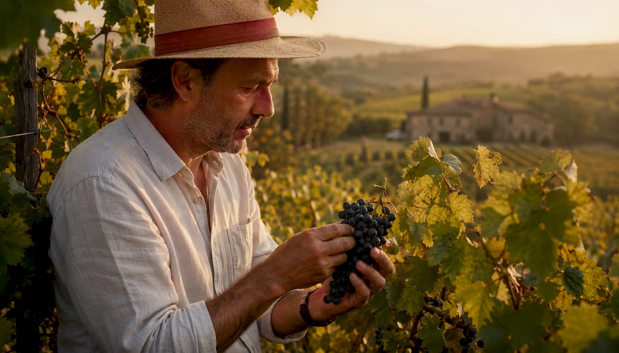 Merlot vineyard with winemaker examining grapes