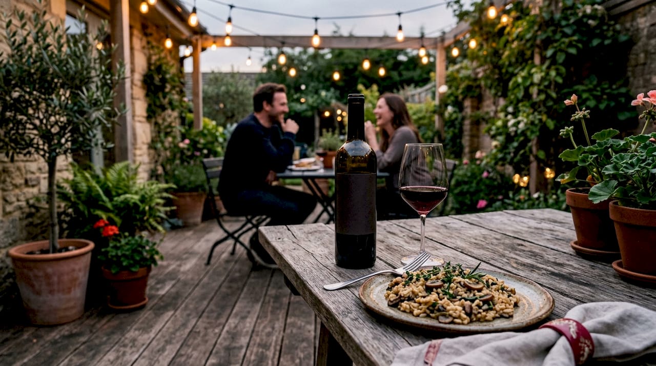 Dining table with Merlot wine and mushroom risotto