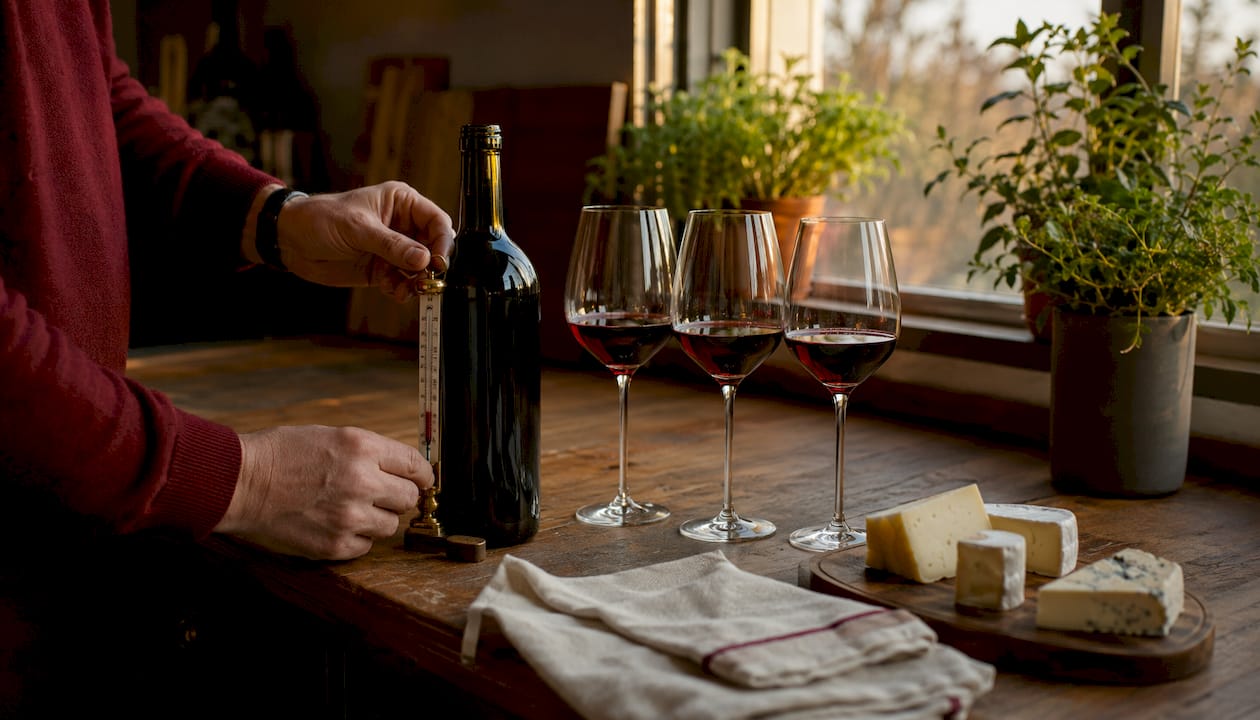 Hands checking wine temperature with thermometer