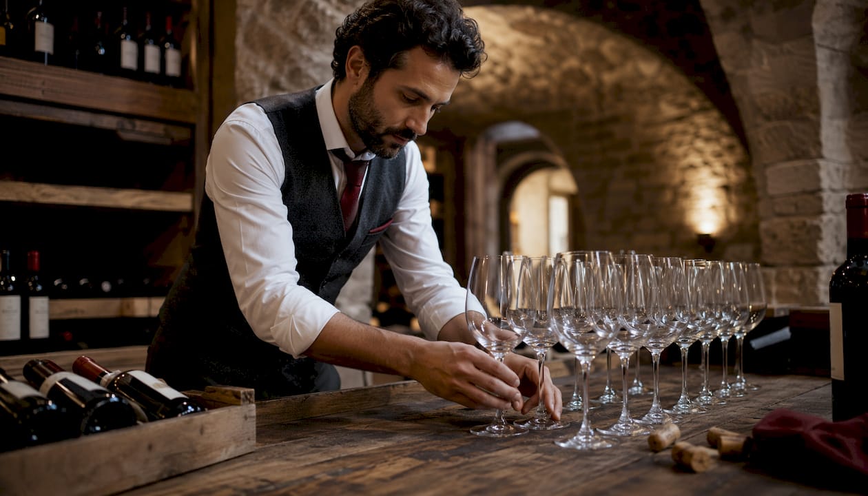 Sommelier polishing wine glasses at bar