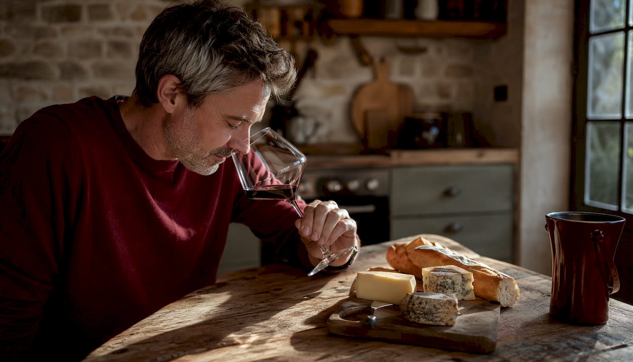 Man tasting tannic red wine at home