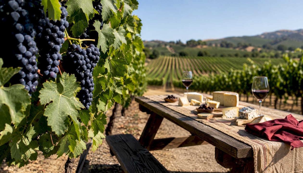 Cabernet Sauvignon grapes and barrel in vineyard
