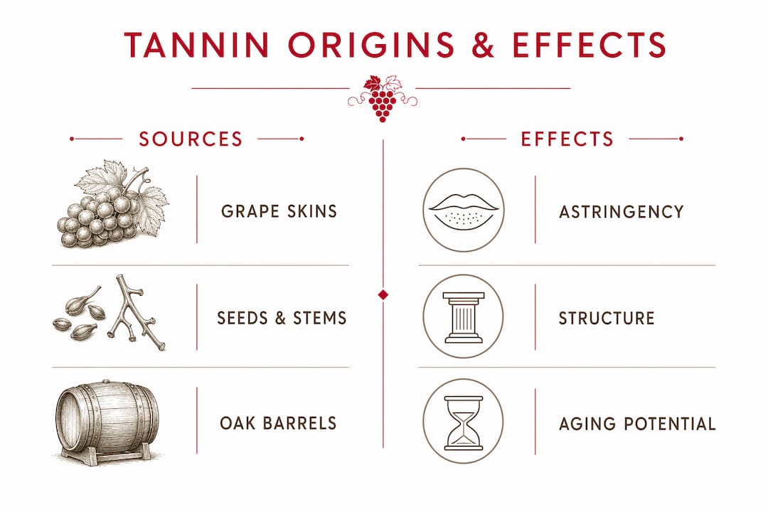 Infographic showing wine tannin sources and effects