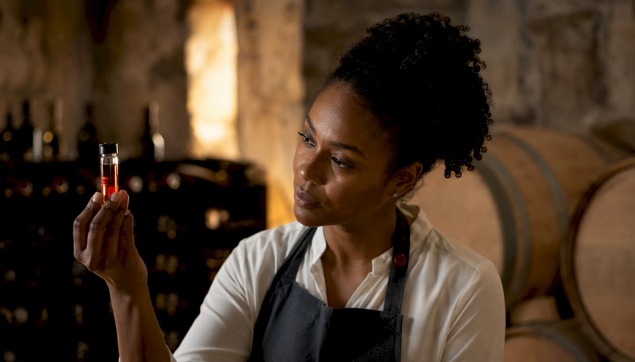 Sommelier examining wine aroma vial in cellar