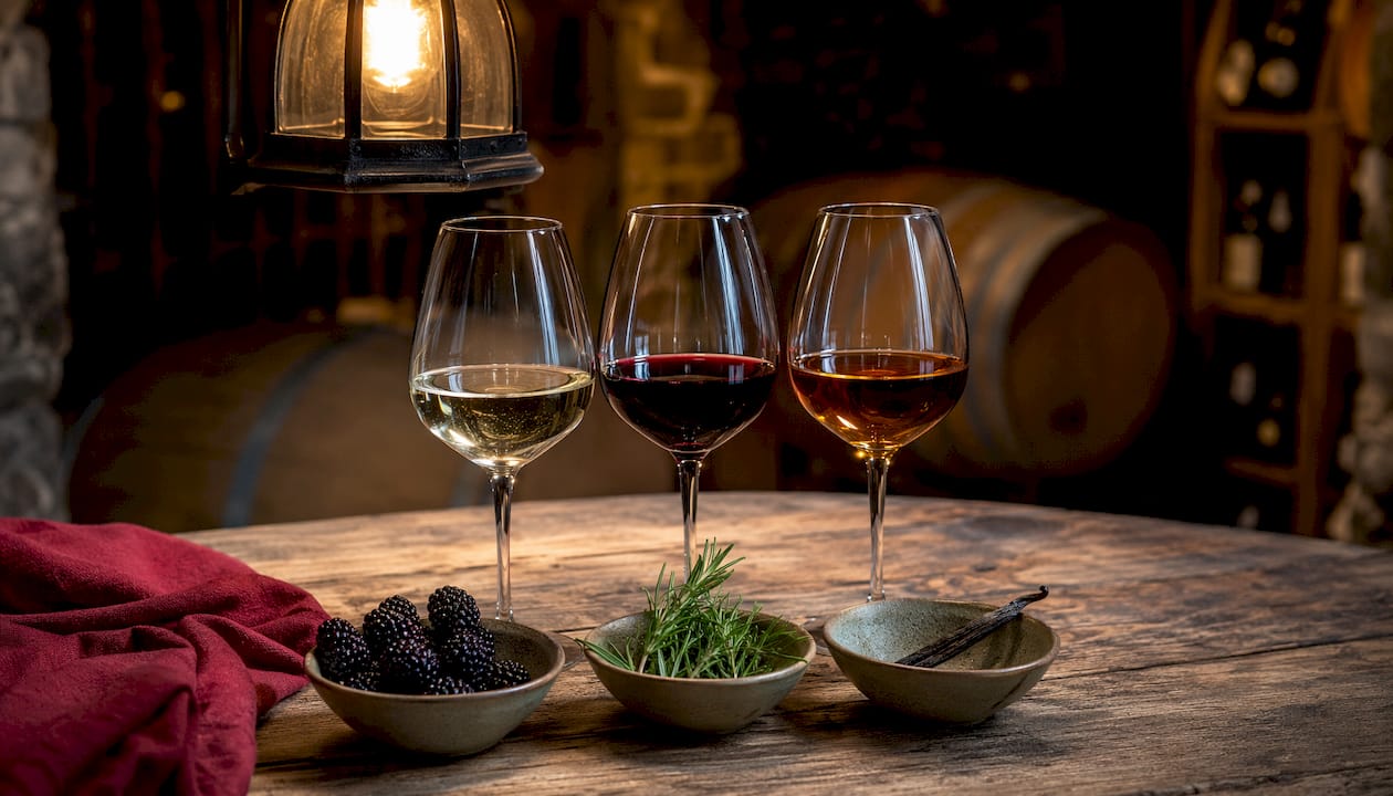 Three glasses showing wine aromas with examples