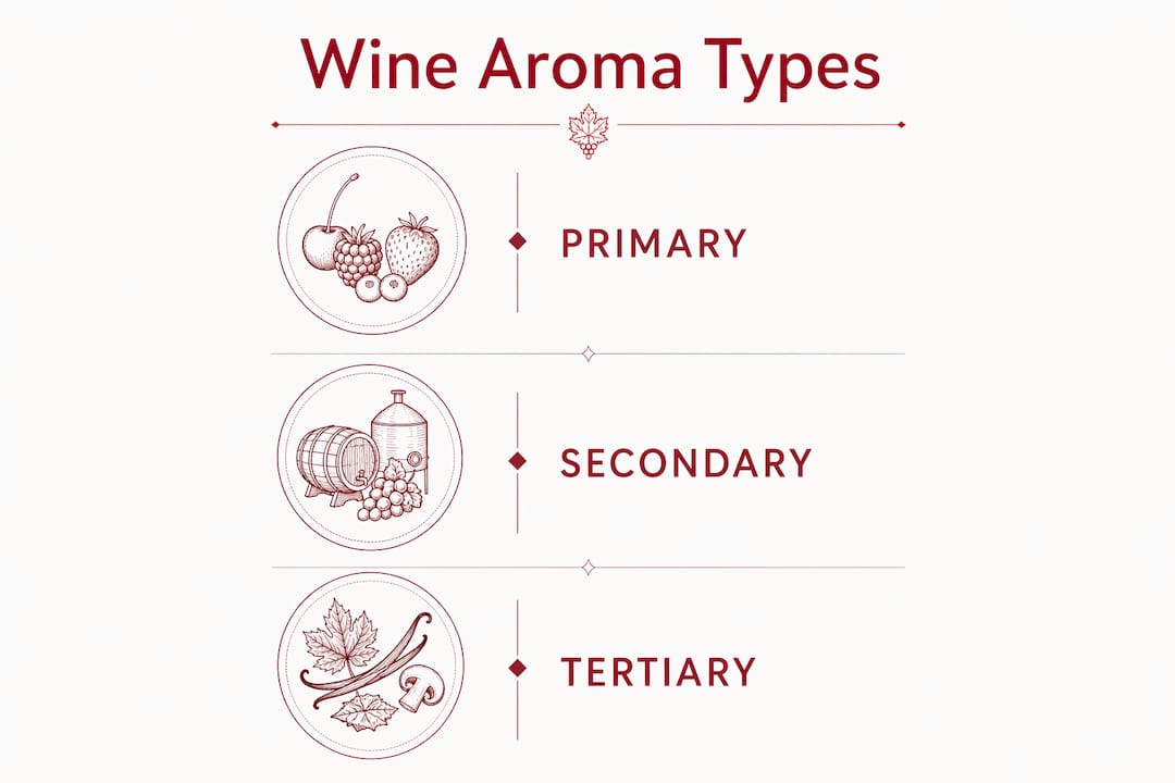 Infographic showing primary, secondary, tertiary wine aromas