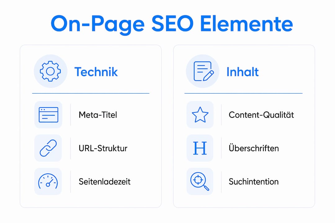 Die Infografik veranschaulicht wichtige Onpage-SEO-Methoden sowie zentrale Inhaltsbereiche.