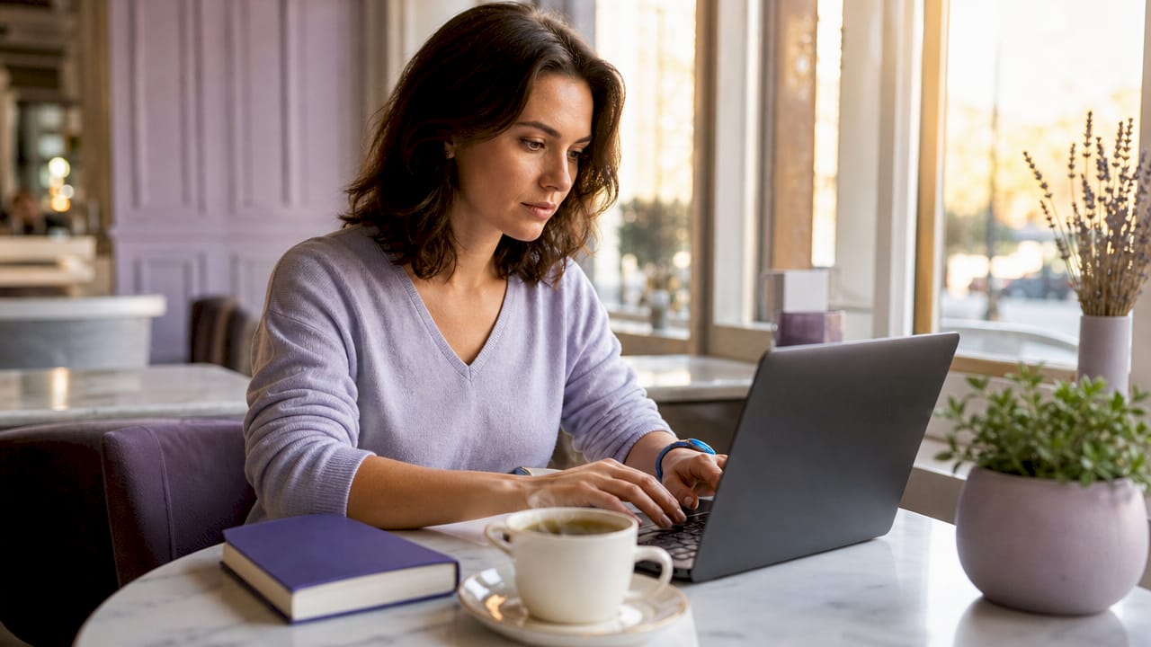 Eine Frau arbeitet am Laptop, um die Website für Suchmaschinen zu optimieren.