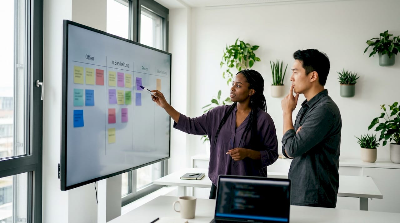 Entwickler tauschen sich über den aktuellen Stand ihres Kanban-Boards aus.