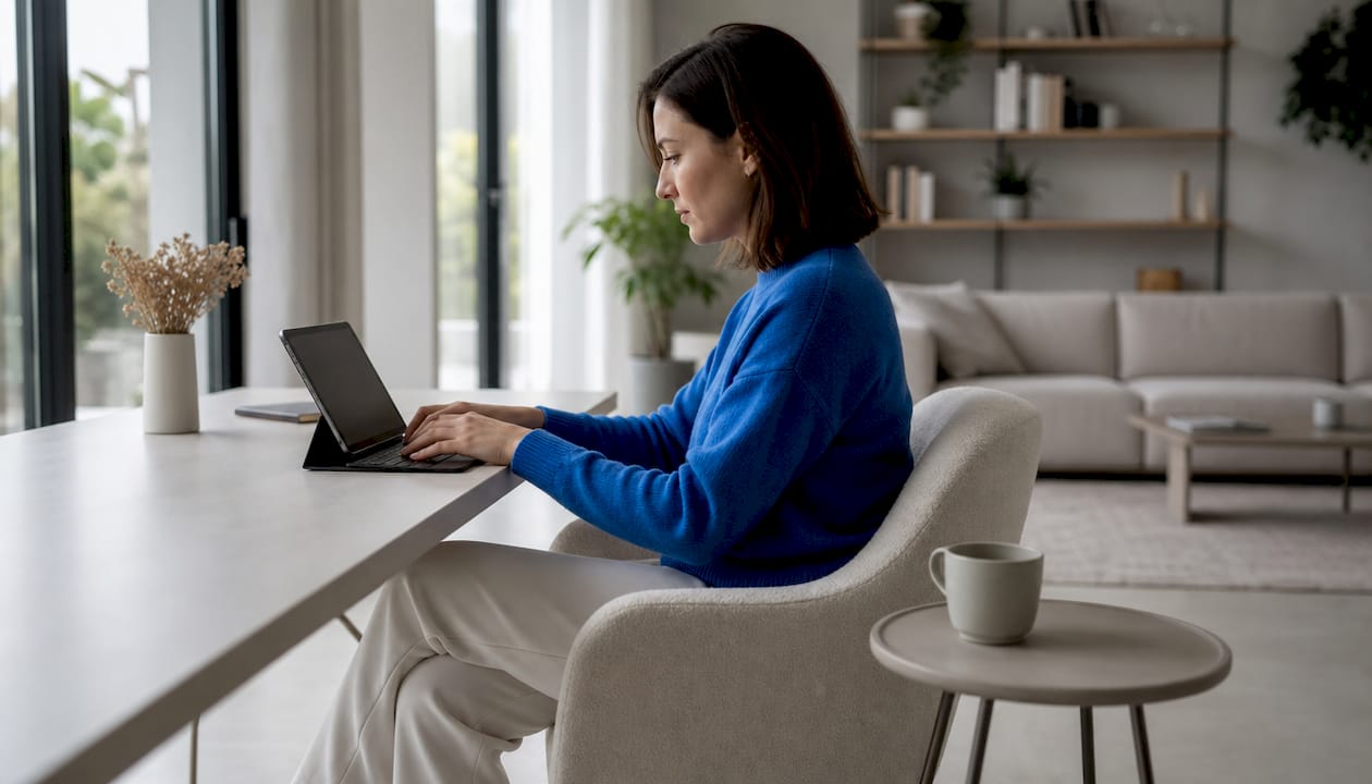 Eine Frau analysiert SEO-Daten auf ihrem Tablet.