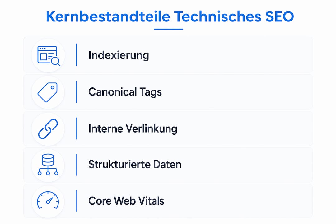 Übersichtsgrafik: Die wichtigsten Elemente der technischen Suchmaschinenoptimierung auf einen Blick