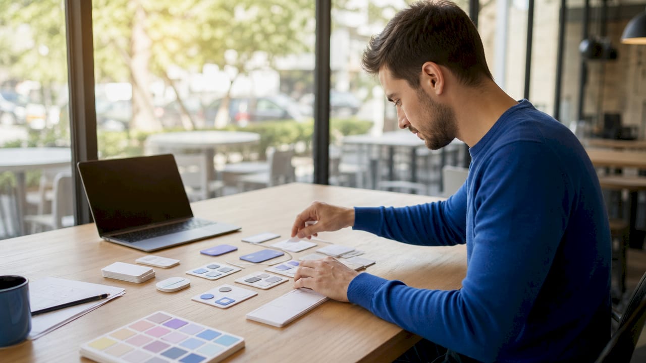 Hände ordnen UI-Prototypen und Designelemente von oben an