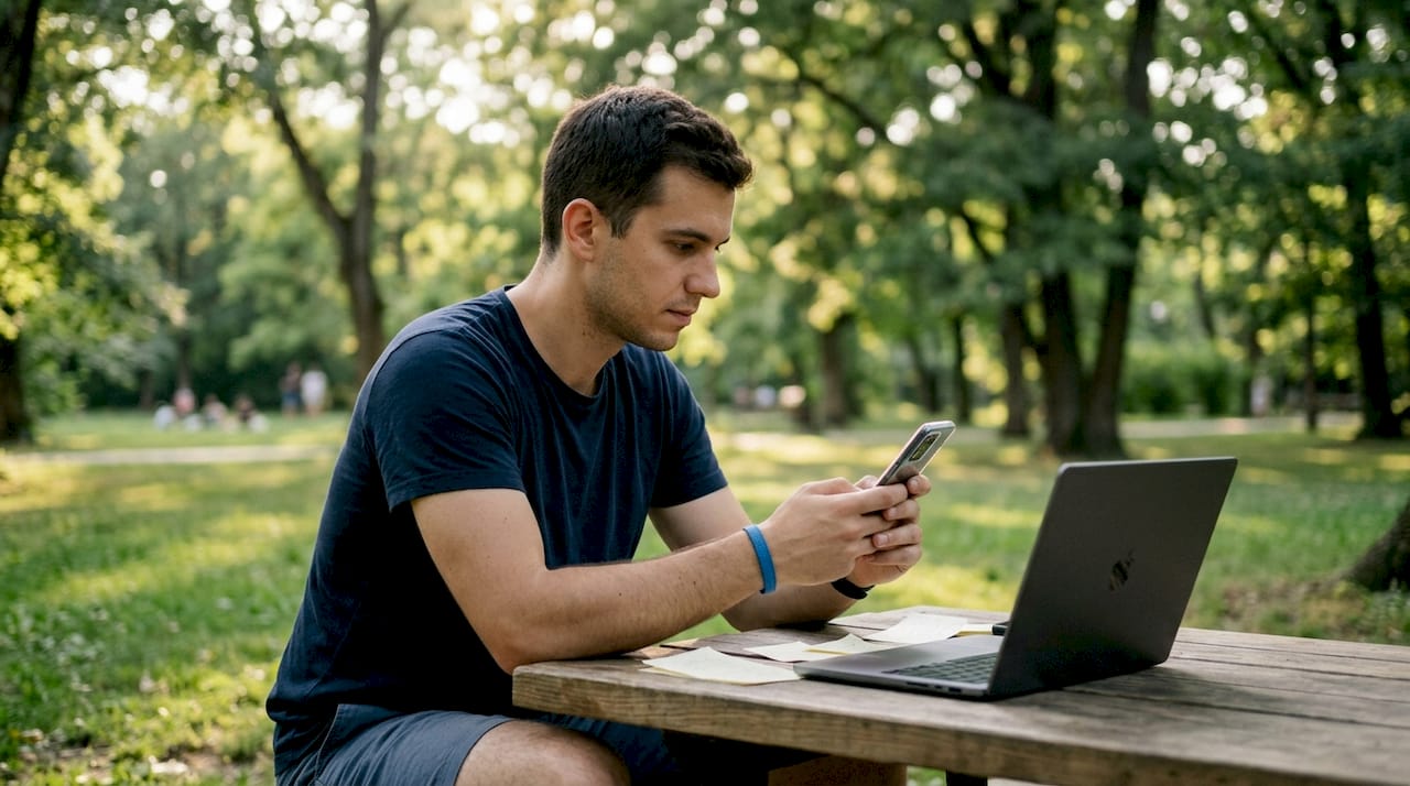 Ein Entwickler prüft die mobile Version einer Website direkt auf dem Smartphone.