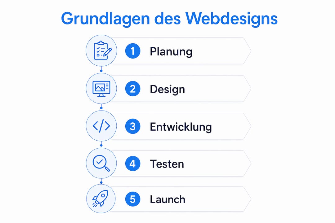 Die Infografik veranschaulicht die fünf zentralen Phasen im Webdesign-Prozess.