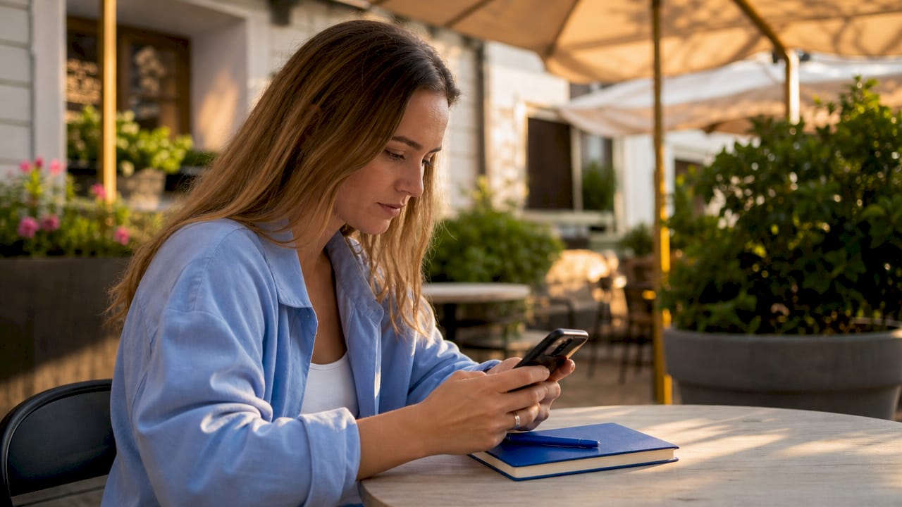 Eine Frau probiert im Café die Webseite eines Handwerksbetriebs auf ihrem Smartphone aus.