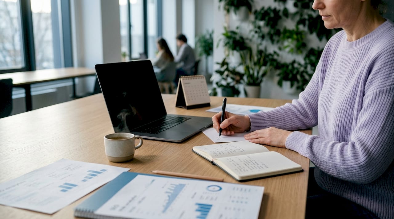 Ansicht von oben: Bei der SEO-Arbeit werden Notizen gemacht – Hände schreiben wichtige Punkte auf.