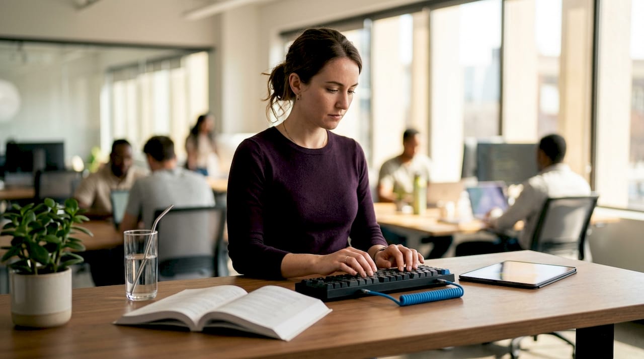 Eine Entwicklerin arbeitet an Service-Worker-Code an ihrem höhenverstellbaren Schreibtisch.