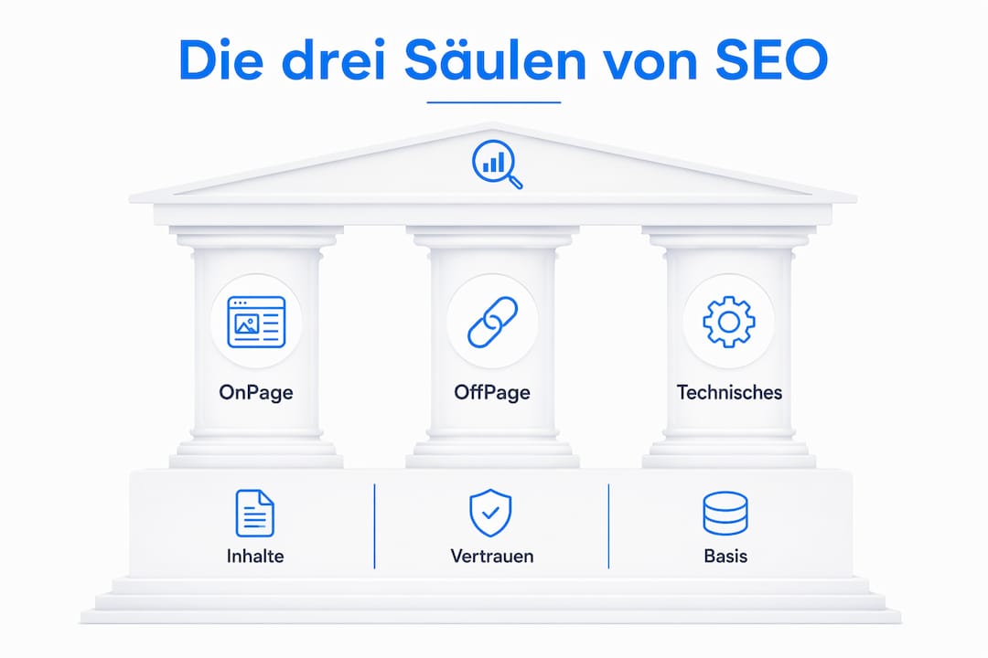 Übersichtsgrafik: Die drei Grundpfeiler der Suchmaschinenoptimierung anschaulich dargestellt