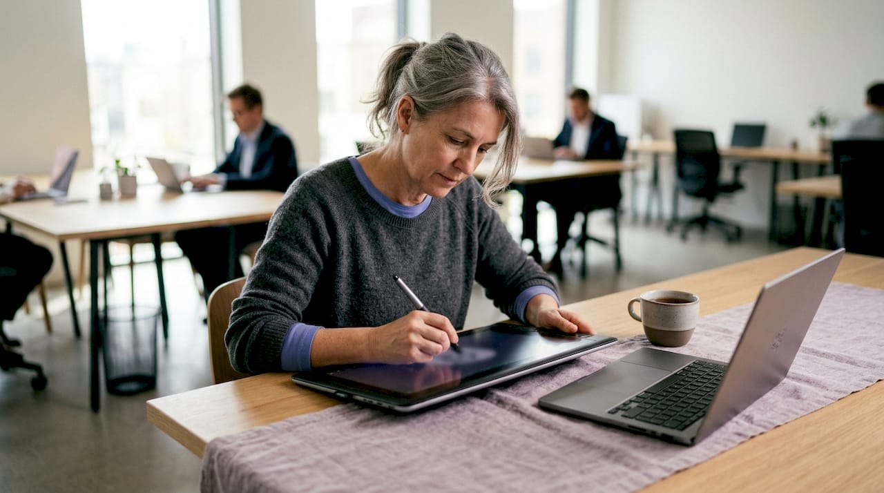 Mit dem Tablet im Café sitzen und Website-Analysedaten erfassen – so sieht moderne Arbeit heute aus.