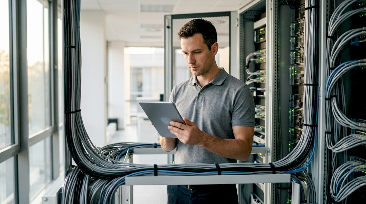 Ein IT-Spezialist kontrolliert die Server im Rechenzentrum auf ihre Funktionsfähigkeit.