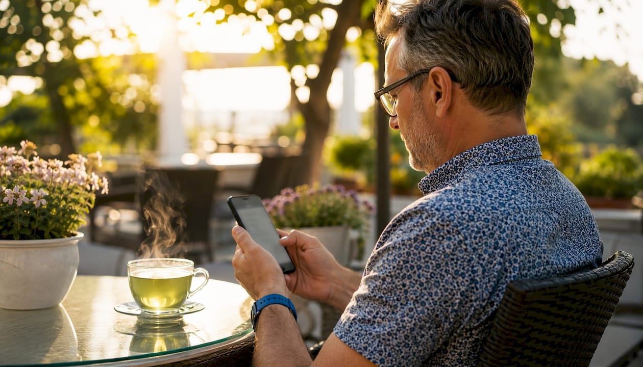 Nahaufnahme: Jemand tippt auf seinem Smartphone im Café.