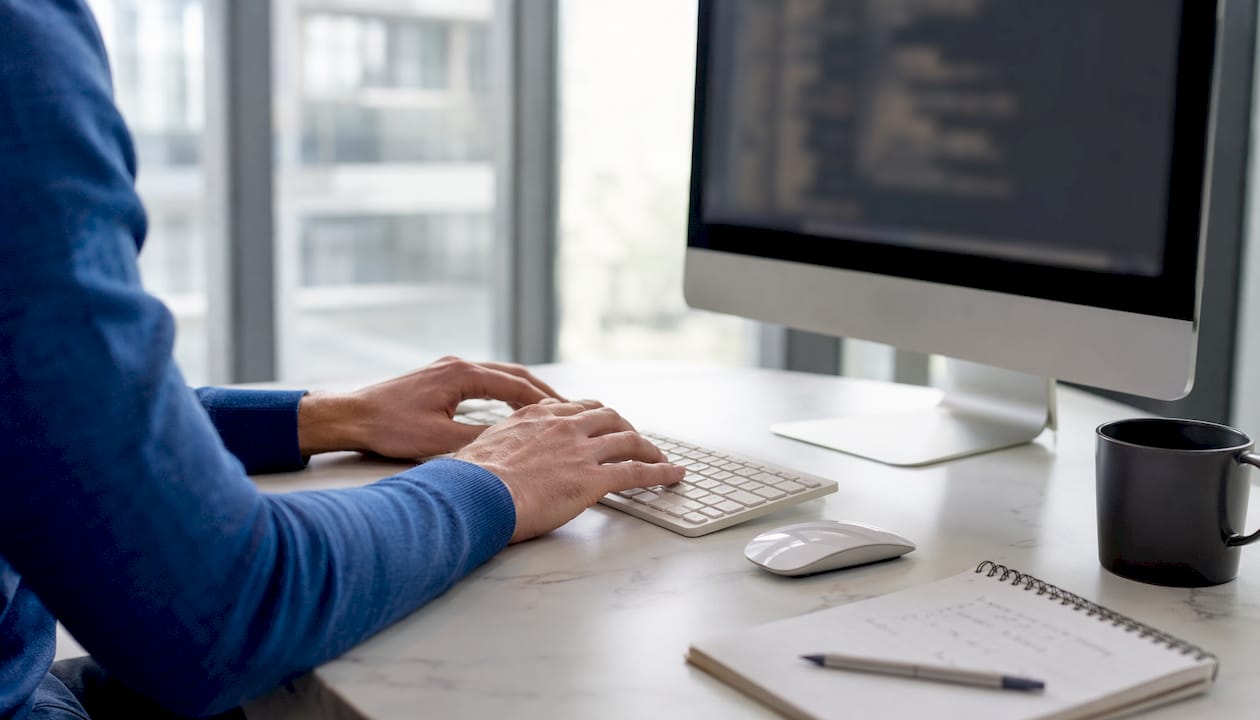 Mit den Händen werden Daten für die SEO-Analyse eingetippt.