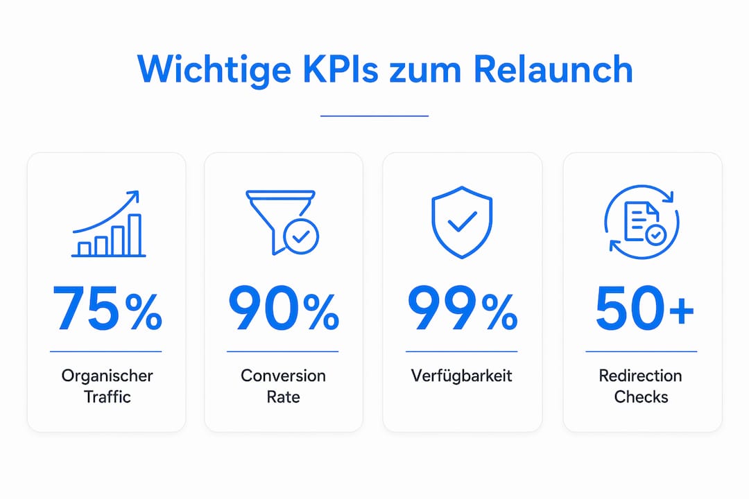 Die Infografik veranschaulicht die wichtigsten Kennzahlen, die beim Website-Relaunch im Fokus stehen sollten.
