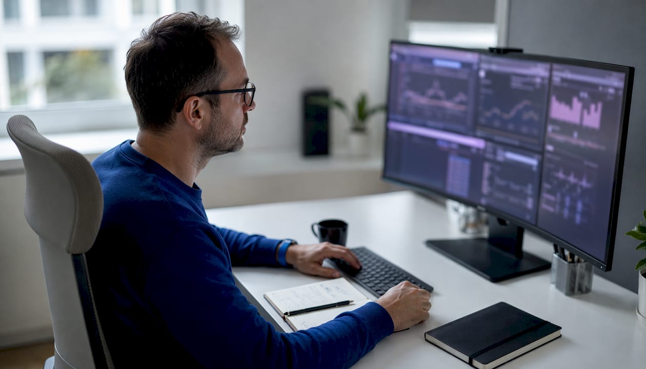 Ein Mann sitzt am Schreibtisch und analysiert verschiedene Tools, um die Performance seiner Webseite zu überprüfen.