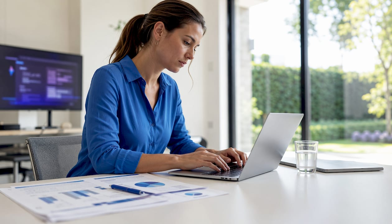 Hände tippen auf einem Laptop, während die Ladezeit einer Website geprüft wird.