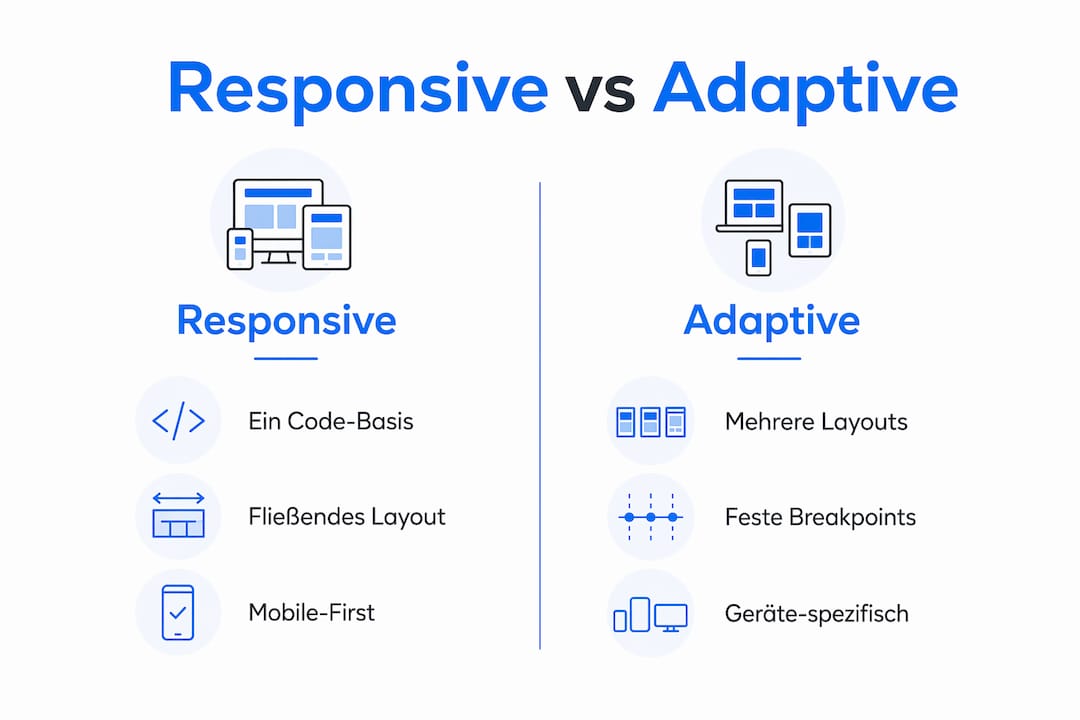 Grafik: Unterschiede zwischen Responsive und Adaptive Webdesign auf einen Blick