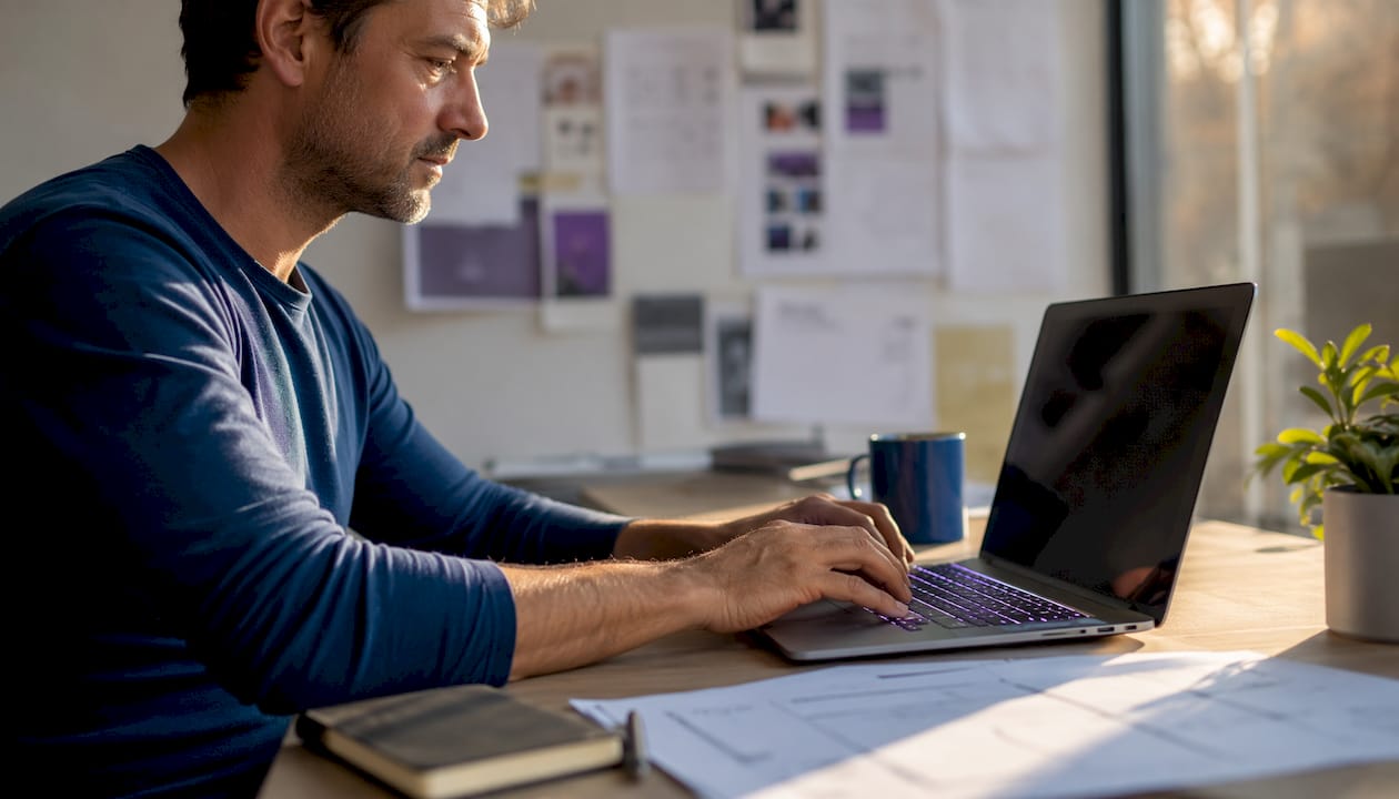 Im Büro arbeiten Hände konzentriert an den Plänen für ein Webprojekt.