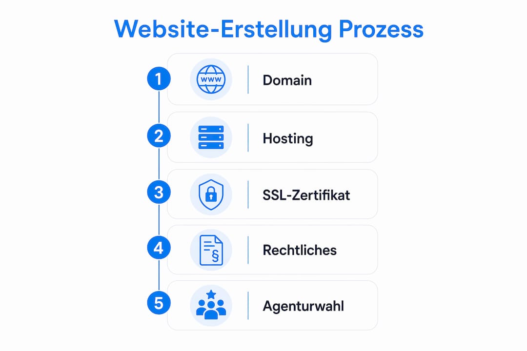 Eine Infografik veranschaulicht den gesamten Prozess der Website-Erstellung Schritt für Schritt.