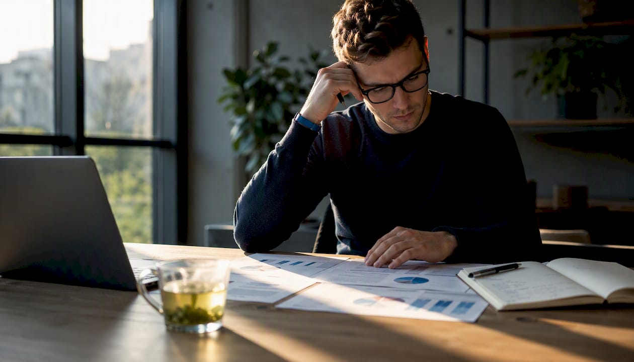 Ein junger Mann sitzt am Schreibtisch und analysiert seine Conversion-Statistiken.