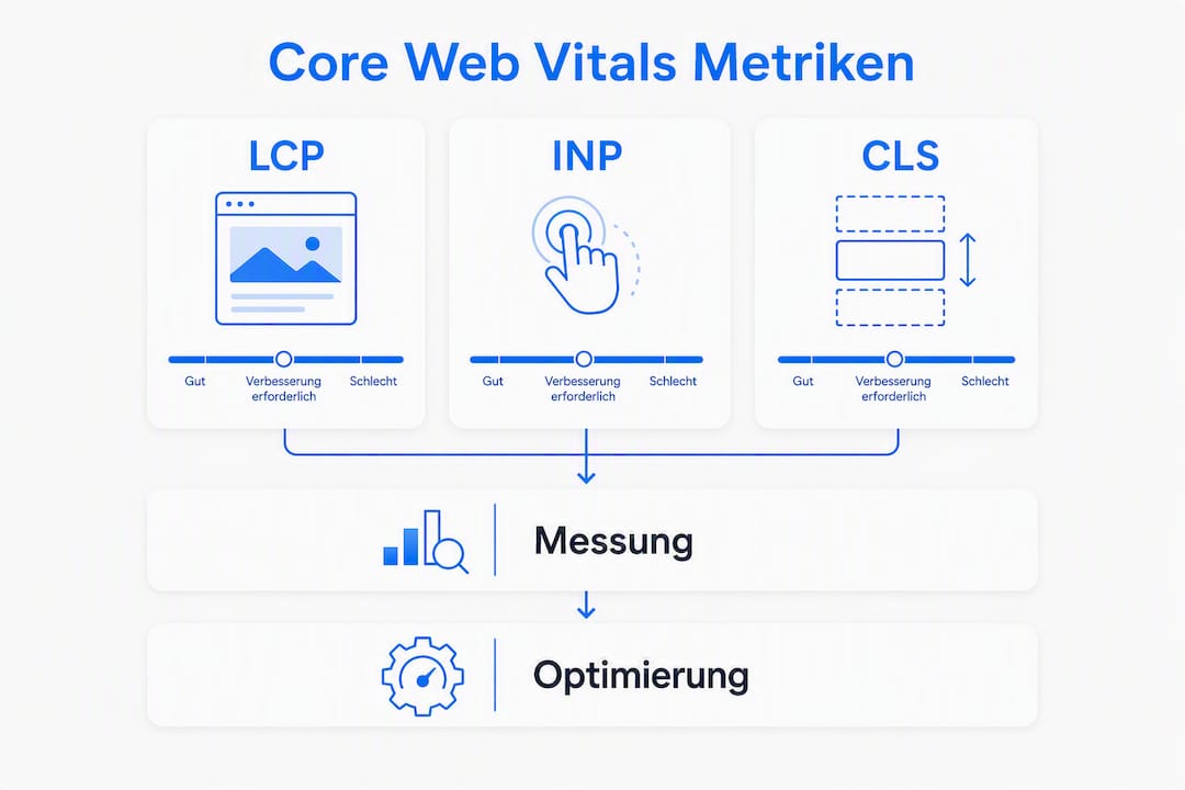 Übersichtsgrafik: Die wichtigsten Core Web Vitals Kennzahlen und wie sie optimiert werden