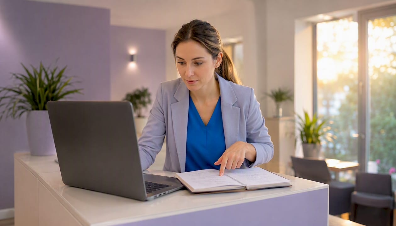 Die Praxismanagerin optimiert mit einem SEO-Leitfaden am Laptop die Online-Präsenz der Praxis.