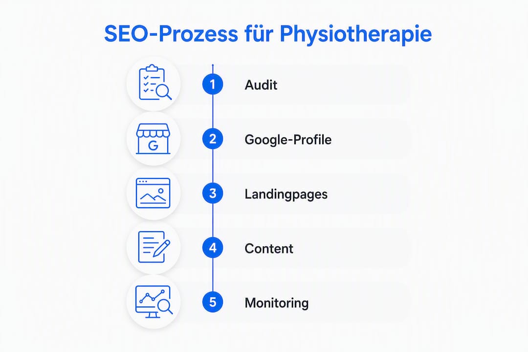 Übersicht: Die wichtigsten SEO-Schritte für Ihre Physiotherapiepraxis anschaulich erklärt