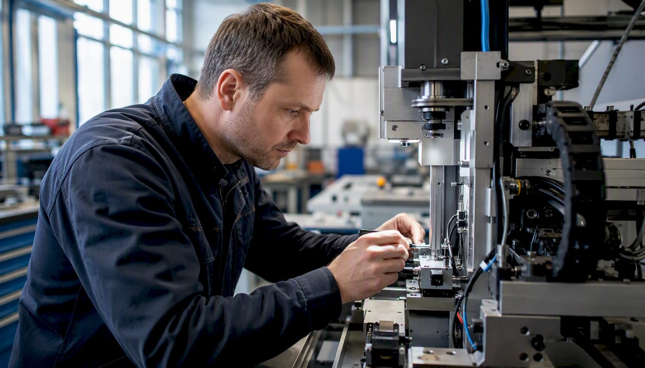 Ein Servicetechniker bringt einen Sensor an einer Industrieanlage an.