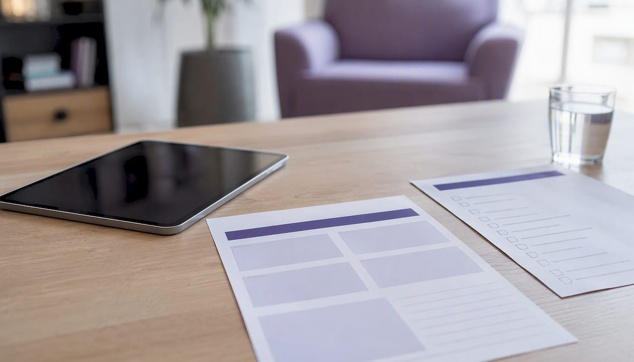 Auf dem Schreibtisch liegen eine SEO-Checkliste und eine Vorlage für Content-Briefings bereit.