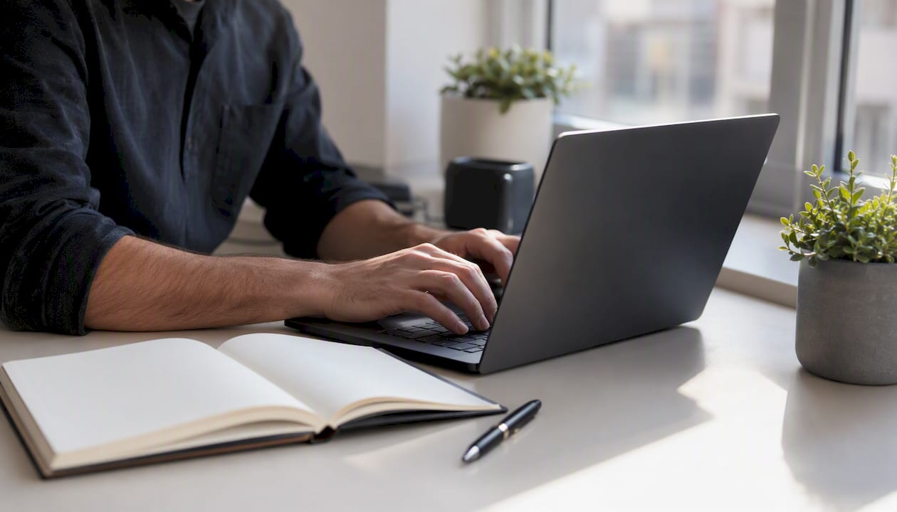 Mit Unterstützung von KI entstehen SEO-Inhalte, während die Hände flink über die Laptop-Tastatur gleiten.