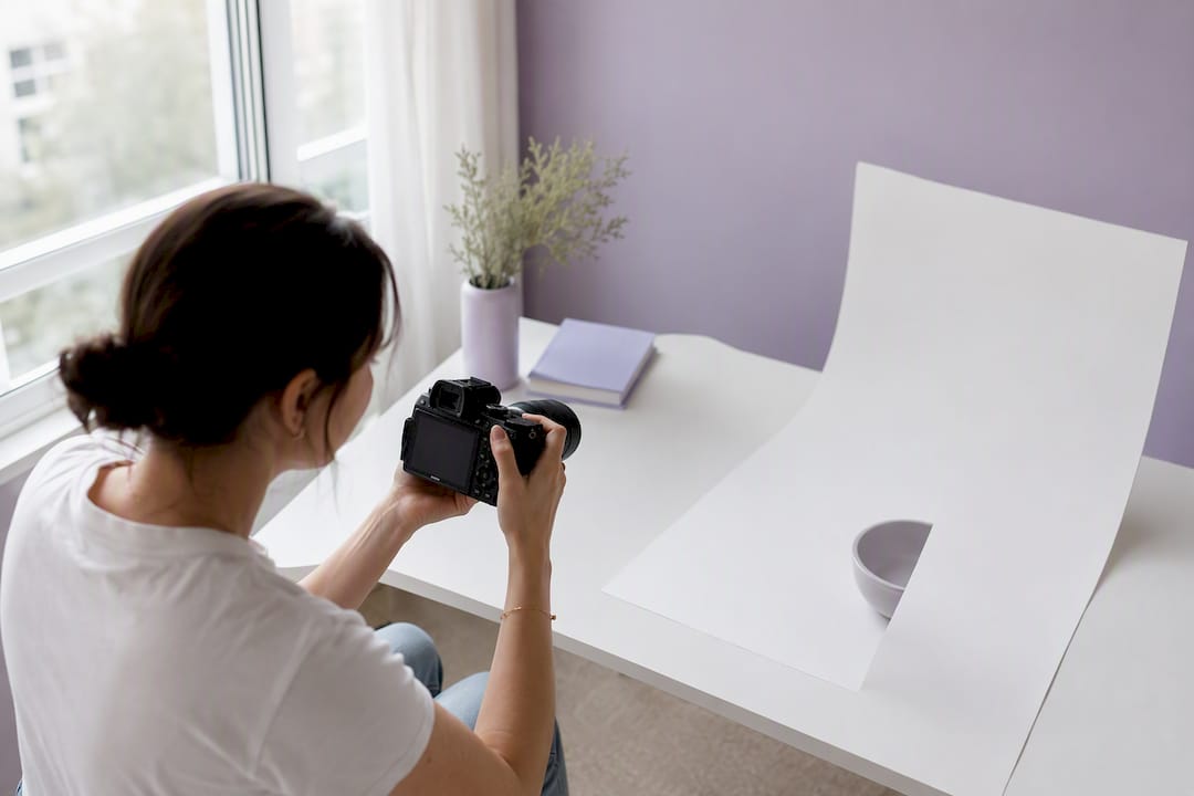 Hand hält Kamera und fotografiert die Silhouette eines Produkts