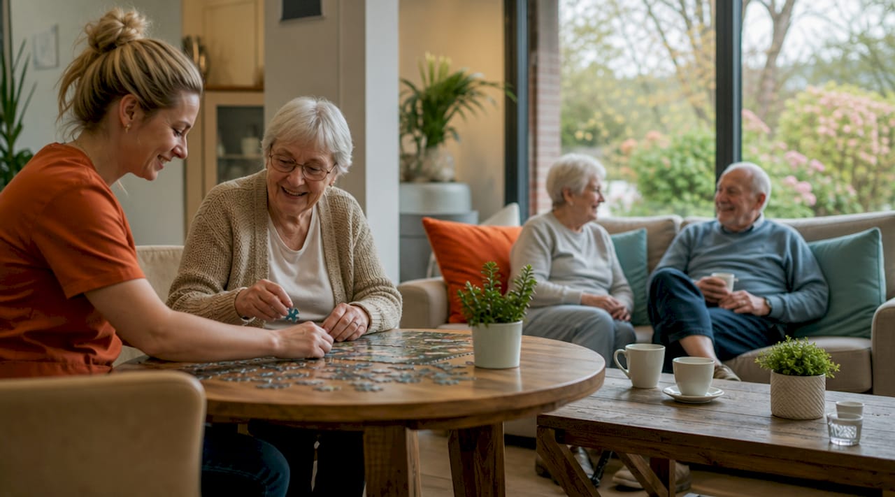 Seniorinnen und Senioren verbringen gemeinsam mit einer Betreuungskraft Zeit in einem Aufenthaltsraum.