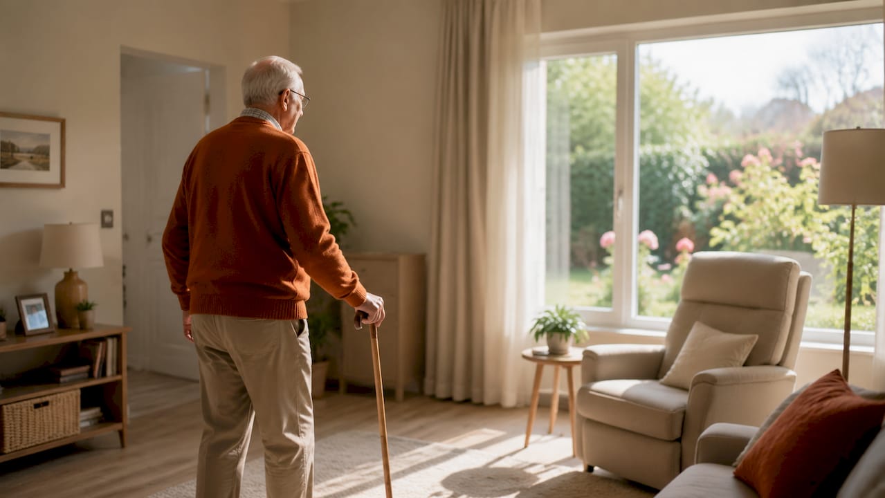 Ein Senior bewegt sich mit einem Gehstock durch eine helle und übersichtlich eingerichtete Wohnung.
