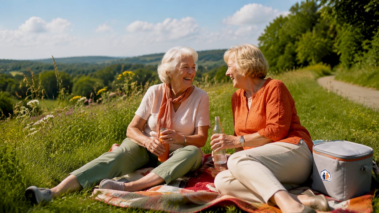 Zwei Seniorinnen unterhalten sich bei einem gemeinsamen Ausflug im Grünen.