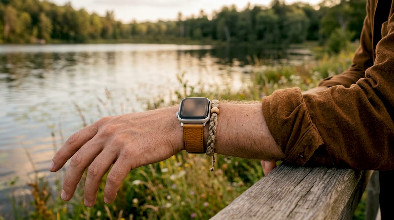 Male wrist with silicone smartwatch band and leather bracelet