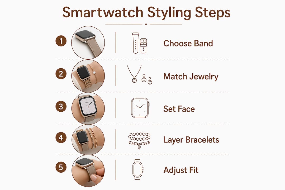 Infographic illustrating smartwatch styling steps for dinner