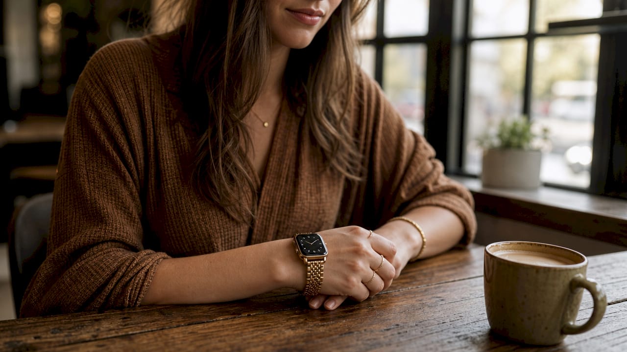 Close-up of silver mesh smartwatch band with jewelry