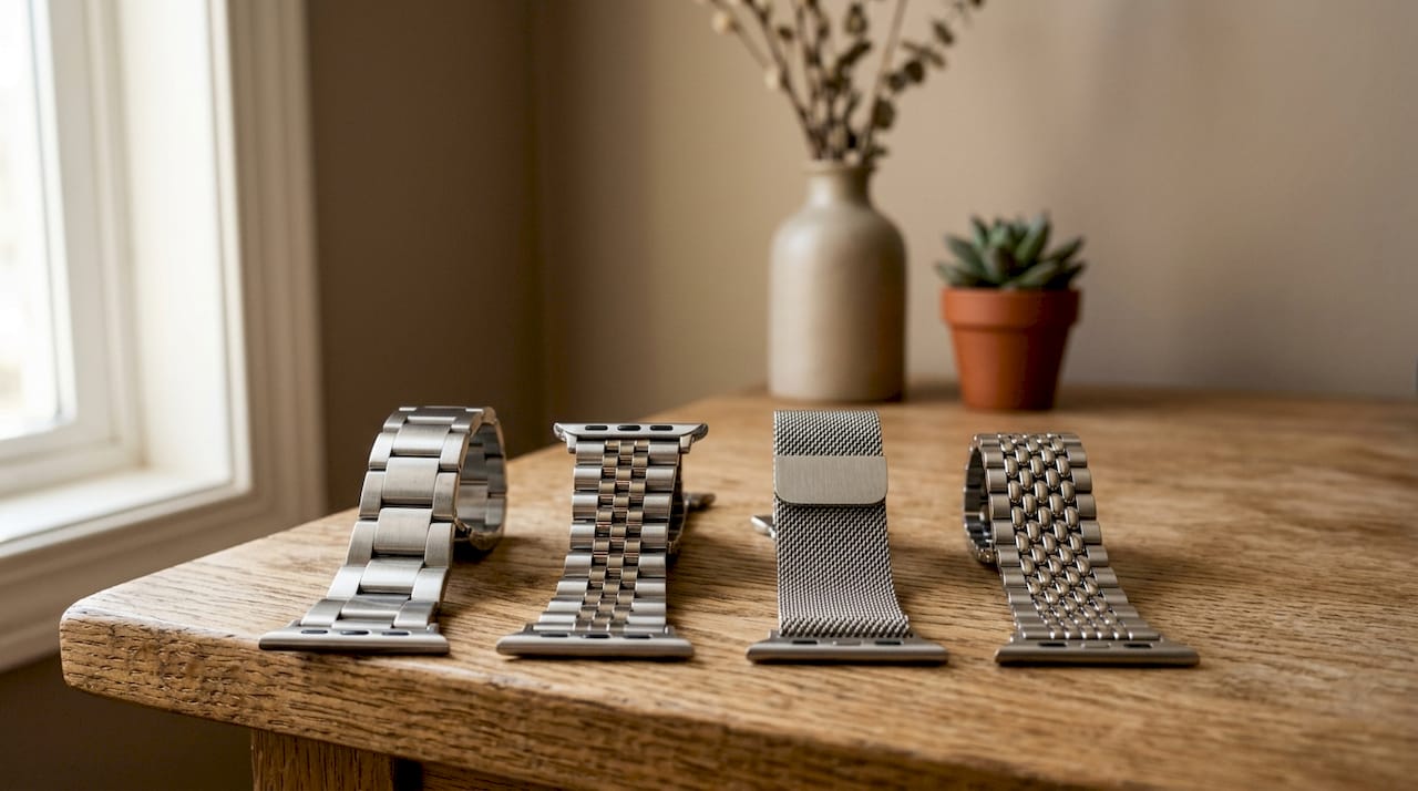 Four metal Apple Watch band link styles displayed